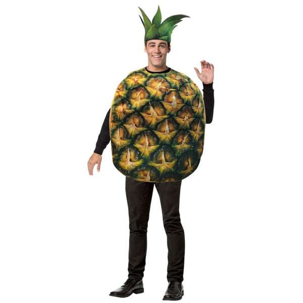 Adult pineapple costume featuring a realistic pineapple tunic with matching green headpiece