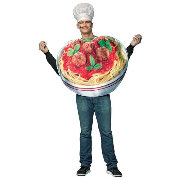Funny pasta-themed costume for adults with 3D meatballs and spaghetti print
