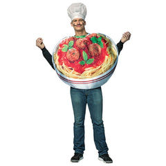 Funny pasta-themed costume for adults with 3D meatballs and spaghetti print
