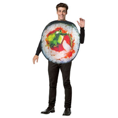 Adult novelty sushi roll costume with realistic printed tuna, rice, and seaweed details on front panel
