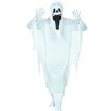Ghost costume for adults, white robe with jagged sleeve look and seperate hood with black face print.