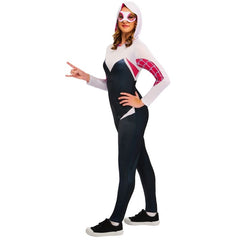 Adult Ghost Spider costume with hooded jumpsuit and eye mask