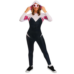 Adult Ghost Spider costume with hooded jumpsuit and eye mask