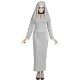 Grey ghost nun costume with long tunic and veil headpiece
