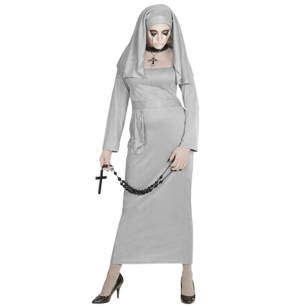 Ghostly nun costume with grey robe and matching headpiece