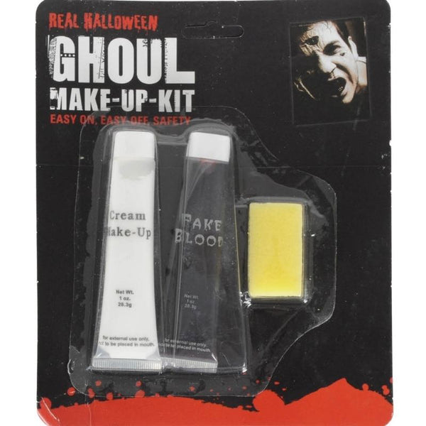 Ghoul Make Up Kit with white cream makeup, fake blood, and sponge applicator, perfect for Halloween, cosplay, theatre, and spooky costume effects.