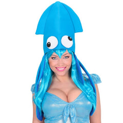 Giant squid hat with cartoon eyes and tentacles in assorted colours.