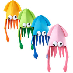 Giant squid hat with cartoon eyes and tentacles in assorted colours.