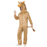 Giraffe Adult Costume - Orange, printed jumpsuit with seperate large head piece.