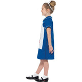 A young girl modeling a blue and white nurse costume dress, complete with a white headband, white socks, and black shoes, shown from a side profile against a plain white background.