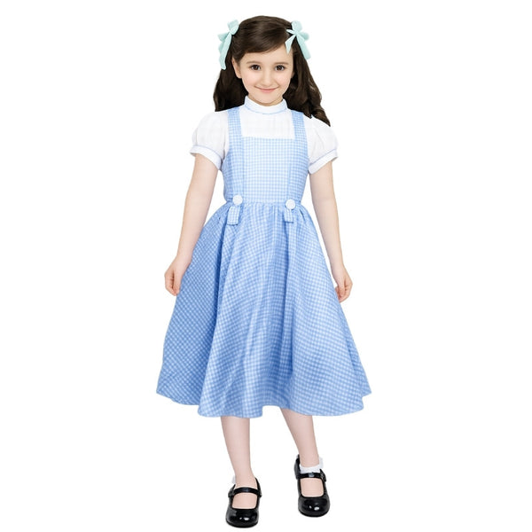 Girls Classic Blue Gingham Dress Costume with matching blue hair ribbons