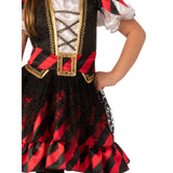 girls pirate costume, corset style bodice, black and red skirt with self frill,  and belt.