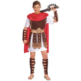 Gladiator - Men's Costume white tunic with red drape, brown and gold chest armour, leg and arm guards, 