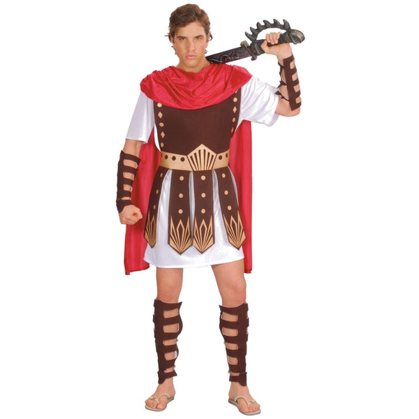 Gladiator - Men's Costume white tunic with red drape, brown and gold chest armour, leg and arm guards, 