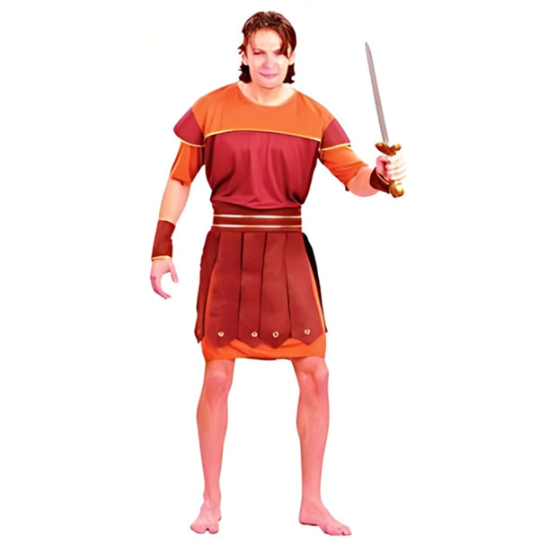 Gladiator mens costume in brown tunic, belt, cuffs and headpiece.