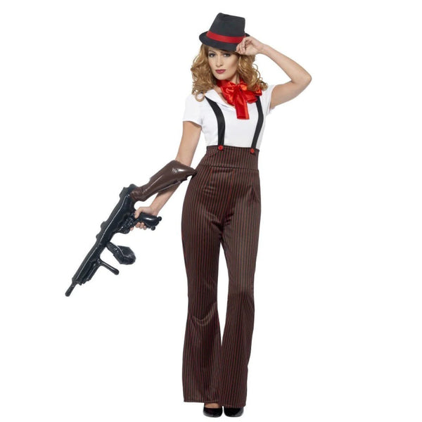 Glam Gangster Costume, Black & Red stripe high waisted trousers, top with mock braces, scarf and hat.
