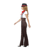 Glam Gangster Costume, Black & Red stripe high waisted trousers, top with mock braces, scarf and hat.