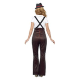 Glam Gangster Costume, Black & Red pin stripe high waisted trousers with mock braces and zip at the back, top, necktie and hat with red band.