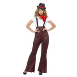 Glam Gangster Costume, Black & Red pin stripe trousers with mock braces, top, necktie and hat with red band.