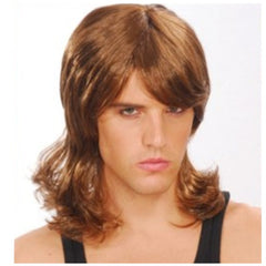 Brown glam mullet wig with short top and long back, perfect for 80s costumes and retro fancy dress parties