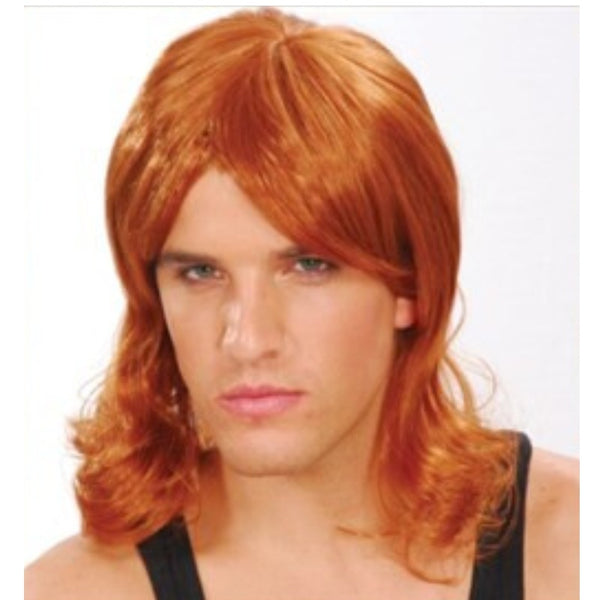 Ginger glam mullet wig with short layered top and long back, ideal for 1980s fancy dress, costume parties, or retro events