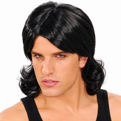 Black glam mullet wig for adults with short layered top and long back