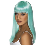 Neon Aqua Glamourama Wig with long straight synthetic hair and full fringe – perfect for 1980s parties, cosplay, and bold costume looks.