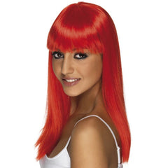 Red Glamourama Wig with long straight style and fringe for devil, cosplay, or fantasy costumes
