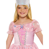 Close-up of the Glinda deluxe costume bodice with pink velour, sequins, sweetheart neckline and silver star details.