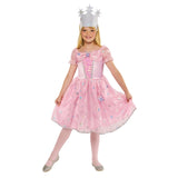 Child wearing an officially licensed Glinda deluxe costume from The Wizard of Oz with pink dress and crown.