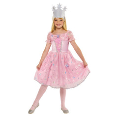 Child wearing an officially licensed Glinda deluxe costume from The Wizard of Oz with pink dress and crown.
