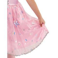Child wearing an officially licensed Glinda deluxe costume from The Wizard of Oz with pink dress and crown.