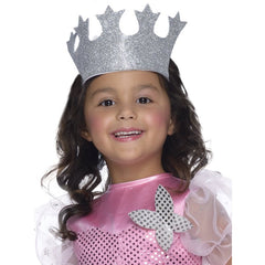 Glinda The Good Witch Child Costume, knee length pink dress, sequin bodice, glitter skiet and organza puffy sleeves and peplum, silver tiara.