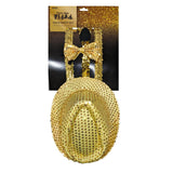 Glitter Gold Men's Set, sequin fedora, braces and bow tie.
