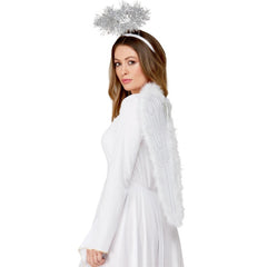 White glittery angel wings and silver tinsel halo costume set