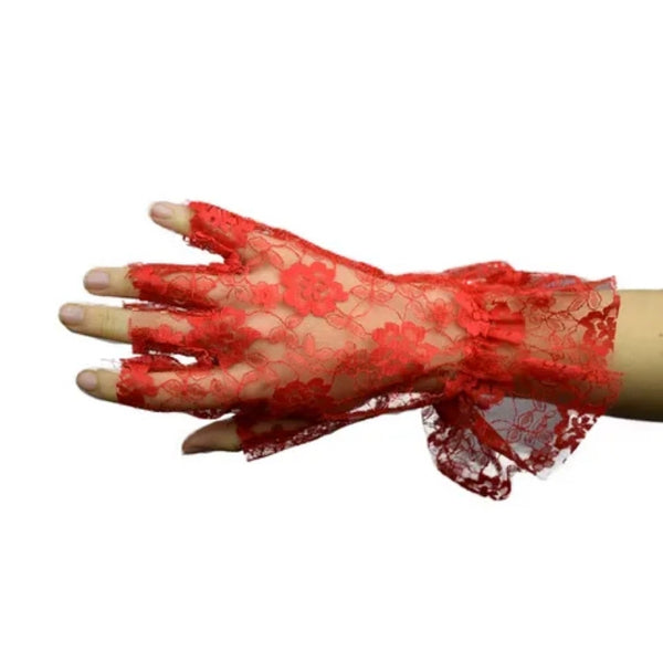 Gloves - Red Lace Fingerless, with medium floral lace with attached wrist frill.