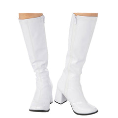 Go Go Boots White - Adult, square heel for easy walking, zip up at inside, perfect for disco and 1970's costumes.