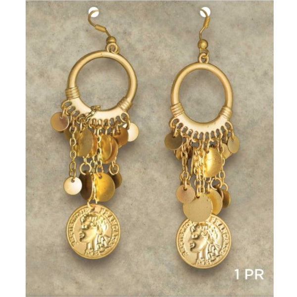 Goddess Gold Earrings, gold with coins.