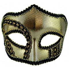 Gold and black masquerade mask with decorative braid trim and elastic strap for masquerade balls and costume parties