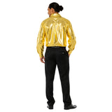 Rear view of gold metallic disco shirt showing long sleeves and shiny sequin-look fabric