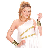 Greek woman wearing tow gold cuff bracelets