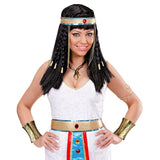 Model wearing two gold ancient Egyptian Greek Roman cuff bracelets