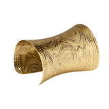 Gold Greek Roman Egyptian cuff bracelet with embossed detailing