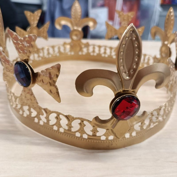 gold kings crown with coloured gems, light weight metal.