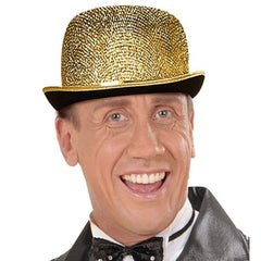 Gold lurex bowler hat with shimmering finish for costume wear