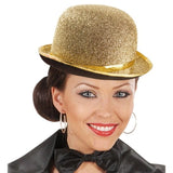 Show-style gold lurex bowler hat for theatrical outfits