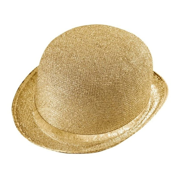 Gold lurex bowler hat with shimmering finish for costume wear