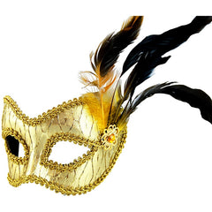 Gold masquerade mask with decorative feathers and ornate detailing