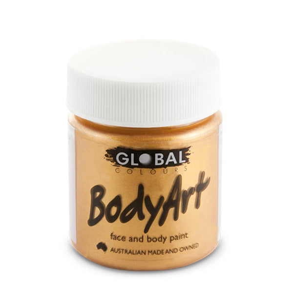 Gold metallic face and body paint by Global – non-toxic water-based paint for costumes, cosplay, sports, and festivals