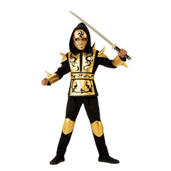 Gold Ninja Costume - Child, black and gold ninja costume, black dragons on gold background, gold spikes on shoulders and writst, hood and gold mask.
